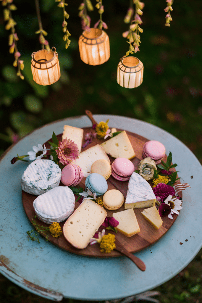 Cheese and macaron board with fresh flowers, set on a table with hanging lanterns above.