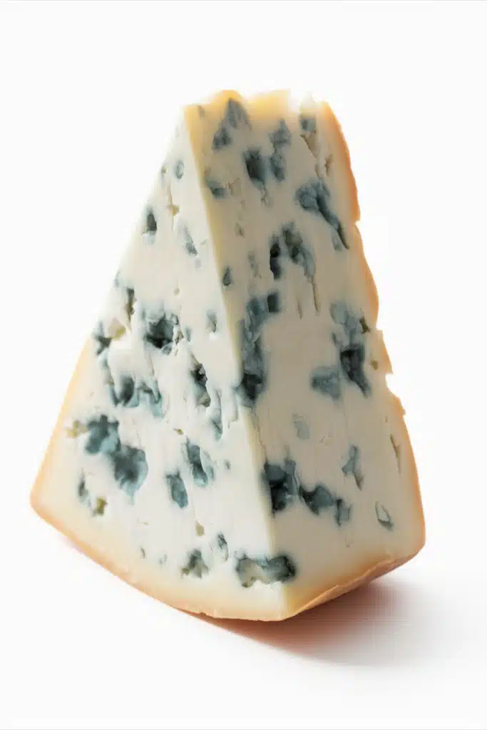 A wedge of blue cheese with a creamy texture and distinct blue veining, showcasing its characteristic mold patterns on a white background.