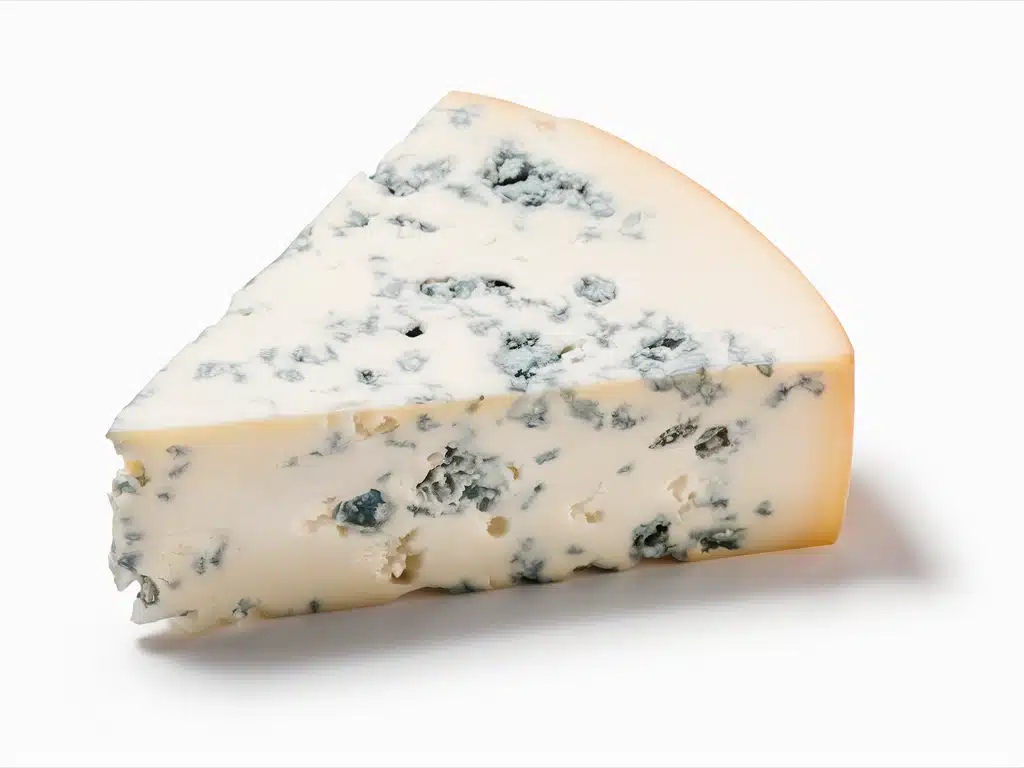 A slice of blue cheese with a smooth, creamy texture and prominent blue veining throughout. The cheese has a pale yellow rind and is set against a white background.