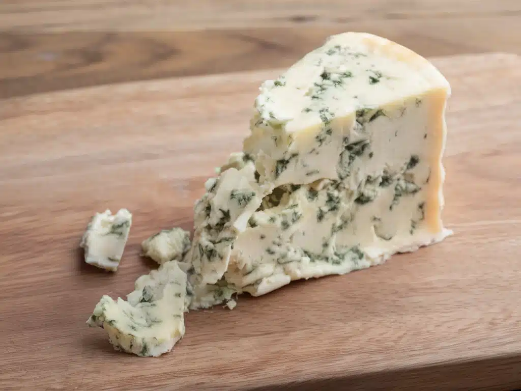 A wedge of gorgonzola cheese with a creamy texture and distinctive blue-green mold veins, resting on a wooden cutting board. Several small crumbles of the cheese are scattered around the wedge. The background features a wooden surface.