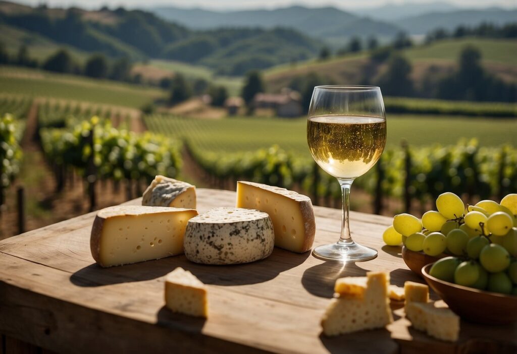 A scenic vineyard with rolling hills in the background, featuring a table set with various cheeses, a glass of white wine, and a bowl of grapes.