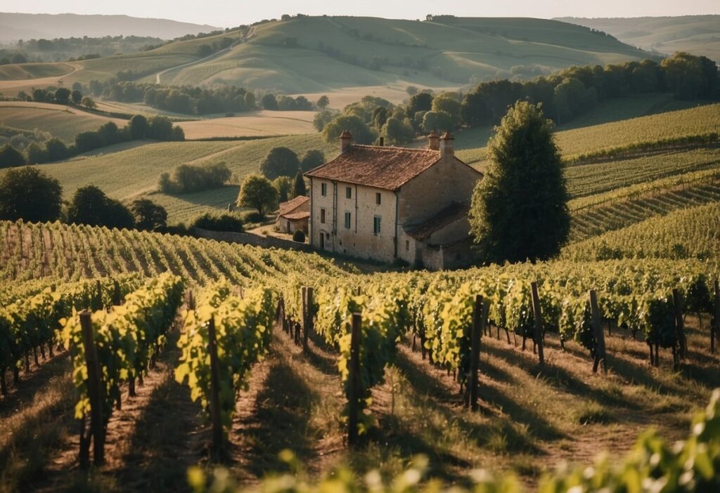 A picturesque farmhouse nestled among lush green vineyards under a sunny sky, showcasing rows of grapevines stretching across the landscape.