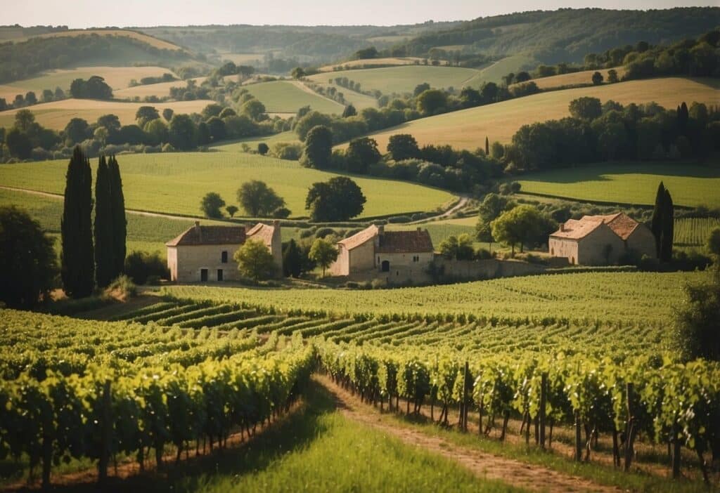 A scenic view of a rural landscape with several stone houses surrounded by expansive vineyards, with gently rolling hills in the distance.