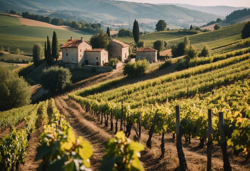 A cluster of traditional stone houses amidst verdant vineyards and rolling hills, with a few tall cypress trees adding to the rustic charm.