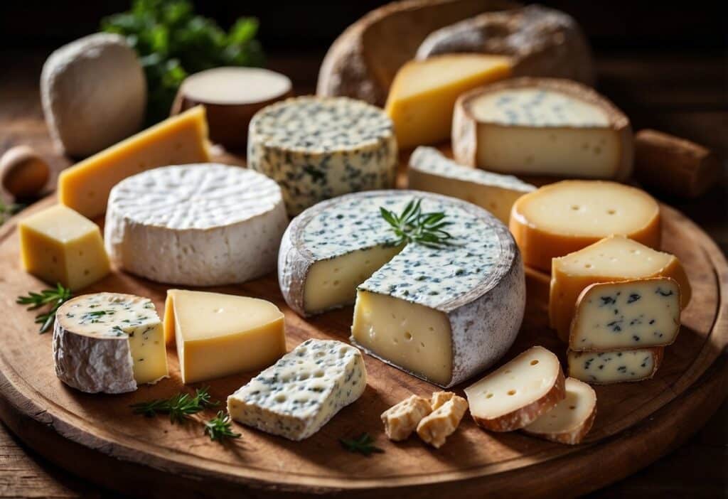 An assortment of various cheeses displayed on a wooden board, with herbs and fresh ingredients enhancing the presentation.