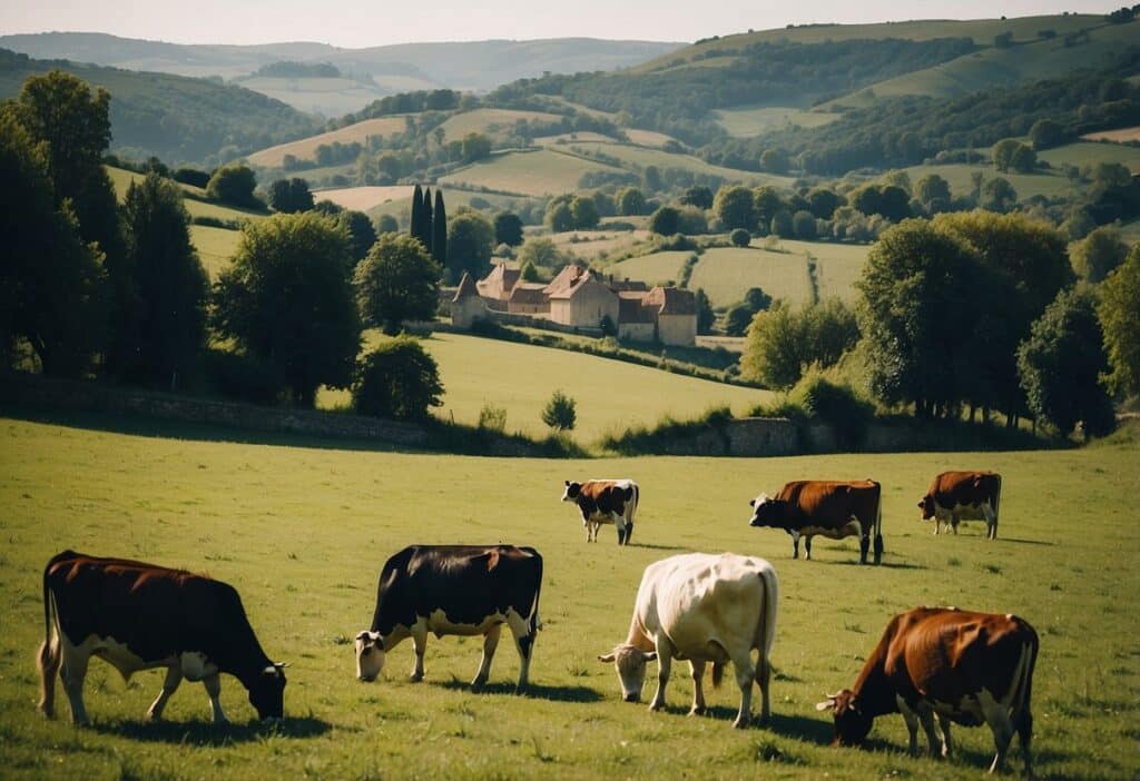 Cows grazing peacefully in a green pasture with a charming village and rolling hills in the background, showcasing a serene rural scene.