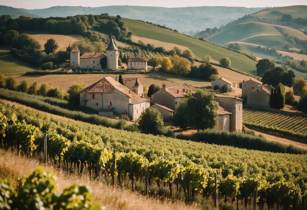 A quaint village with several stone buildings and a small castle tower, surrounded by lush vineyards and rolling hills under a clear sky.