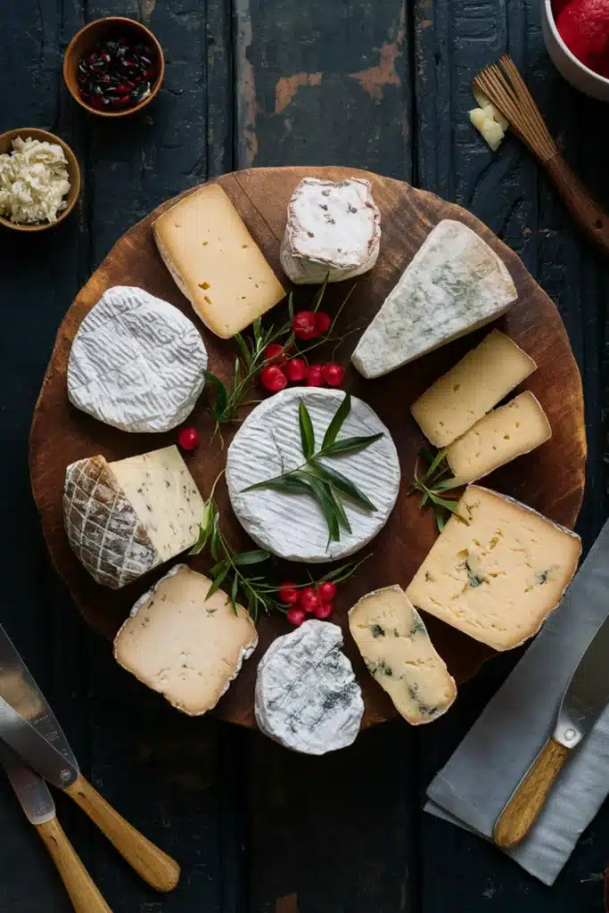 A French cheese board featuring artisanal cheeses from different regions of France.