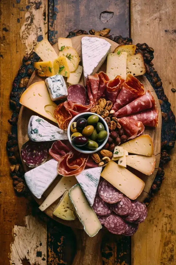 A French cheese and charcuterie board with a variety of French cheeses, cured meats, olives, and nuts.