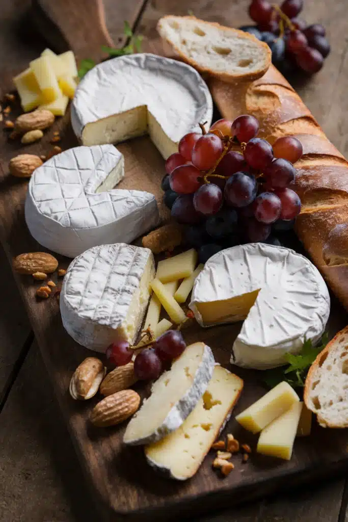 A classic French cheese board with Brie, Camembert, Roquefort, grapes, nuts, and baguette slices.