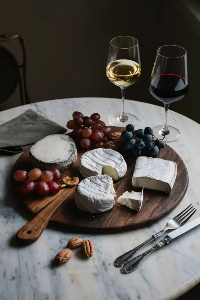 An elegant French cheese board with Brie, Roquefort, Comté, grapes, nuts, and wine glasses.