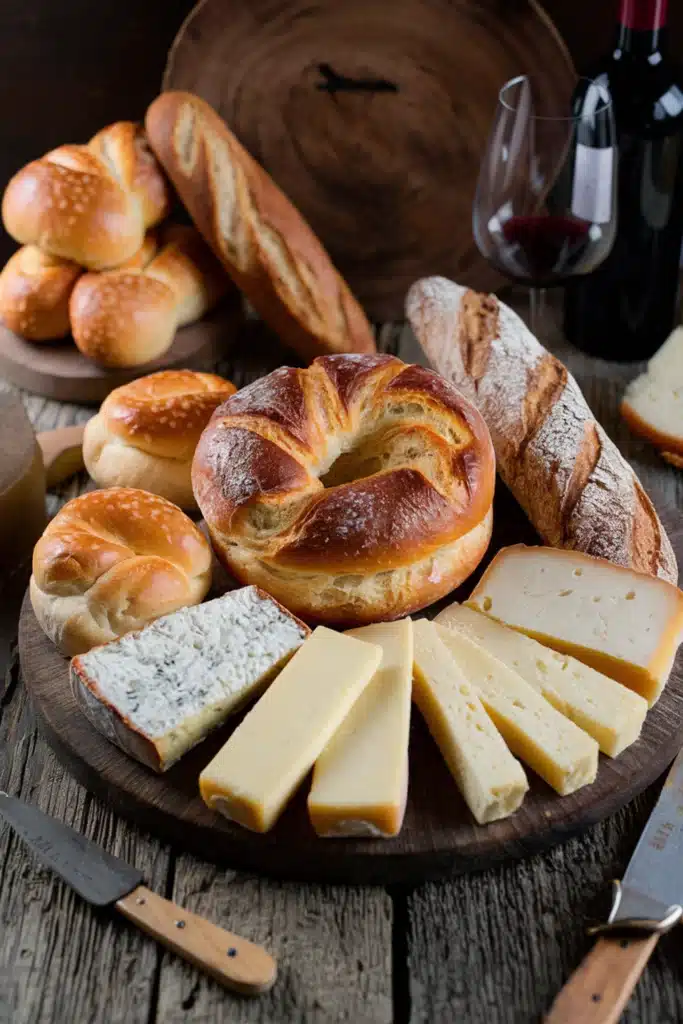 A French cheese board with various types of French bread like baguettes, pain d'épi, and brioche.