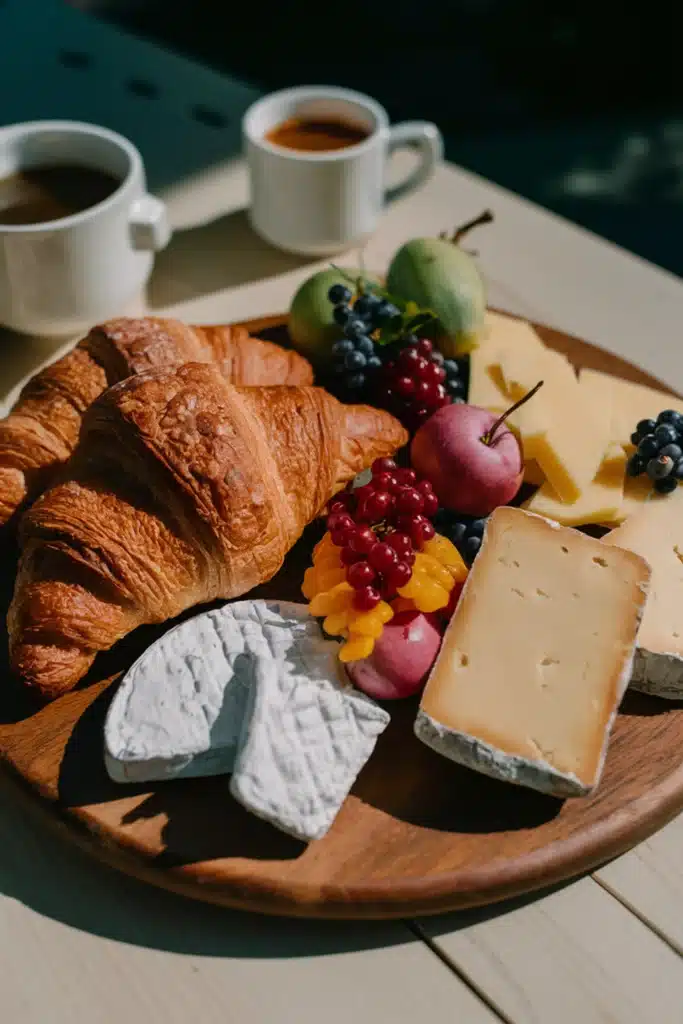 A French cheese breakfast board with croissants, fresh fruits, and a selection of breakfast-friendly French cheeses.