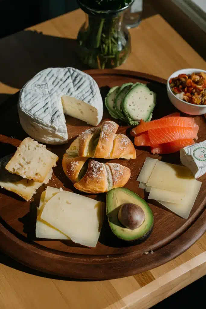 A French cheese brunch board with cheeses, pastries, smoked salmon, and avocado.