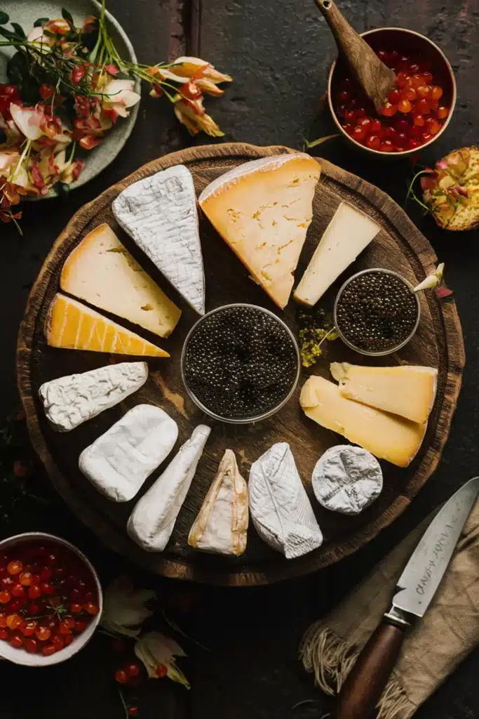 A French cheese board paired with caviar, featuring a variety of French cheeses.