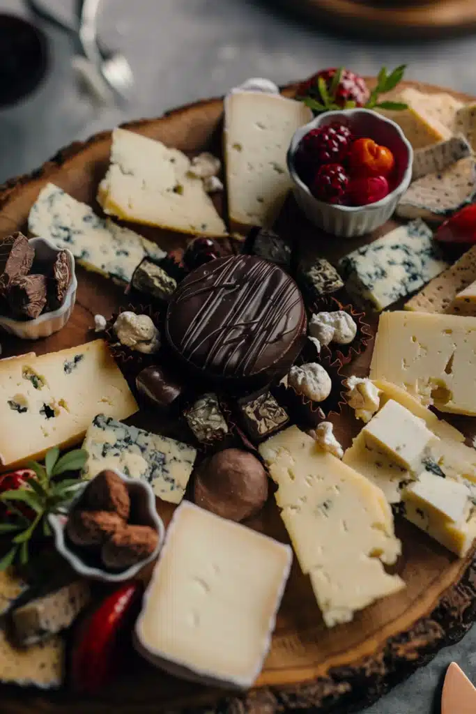 A French cheese board paired with gourmet chocolates, featuring dark chocolate, blue cheeses, and a variety of French cheeses.