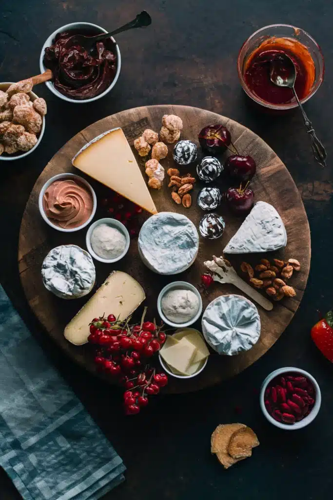 A French cheese board with sweet accompaniments like chocolate-dipped fruits, candied nuts, and sweet spreads.