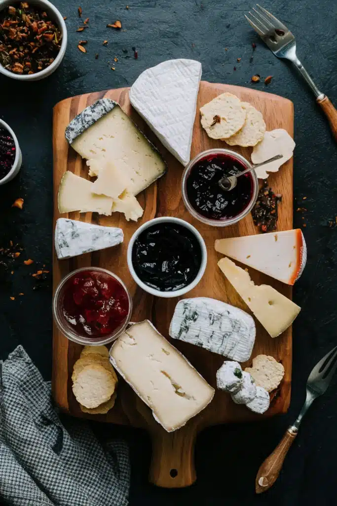 A French cheese board with a variety of French cheeses and a selection of jams and preserves.