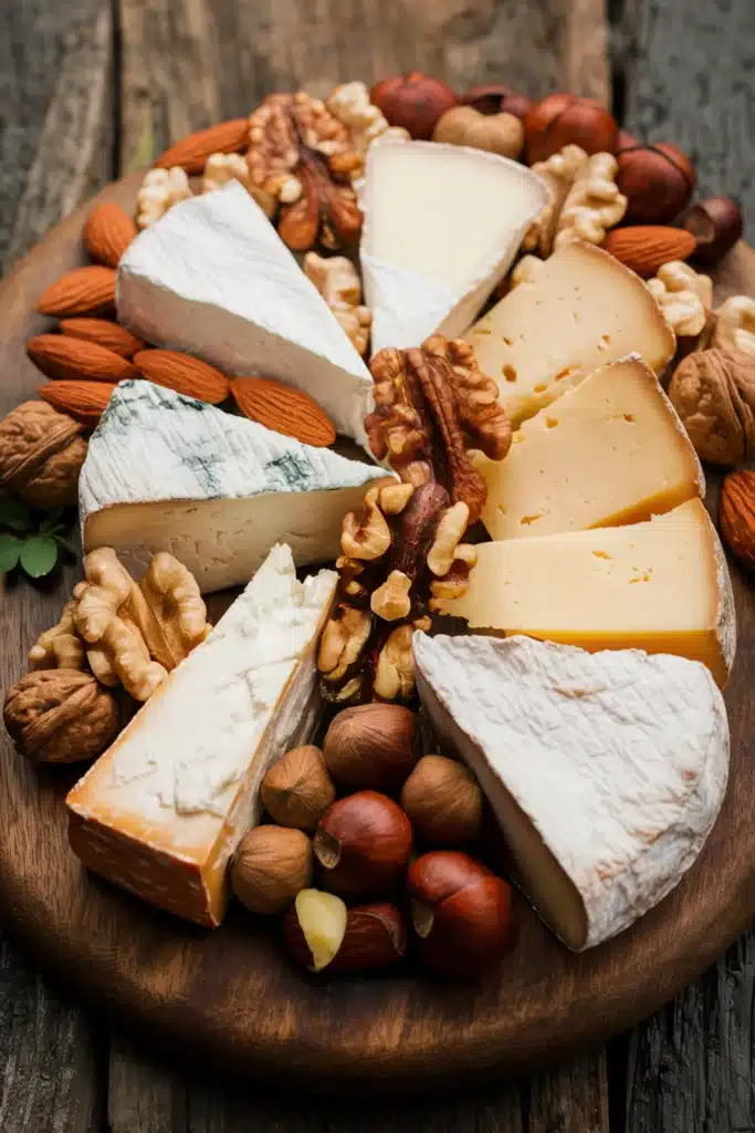 A French cheese board with a variety of French cheeses, almonds, walnuts, and hazelnuts.