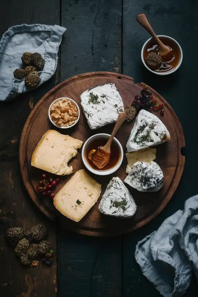 A French cheese board with truffle-infused cheeses and truffle honey.
