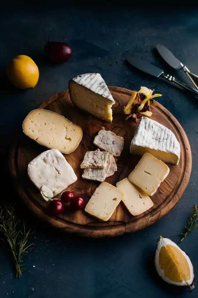 A gourmet French cheese board with a selection of French cheeses and pâtés.