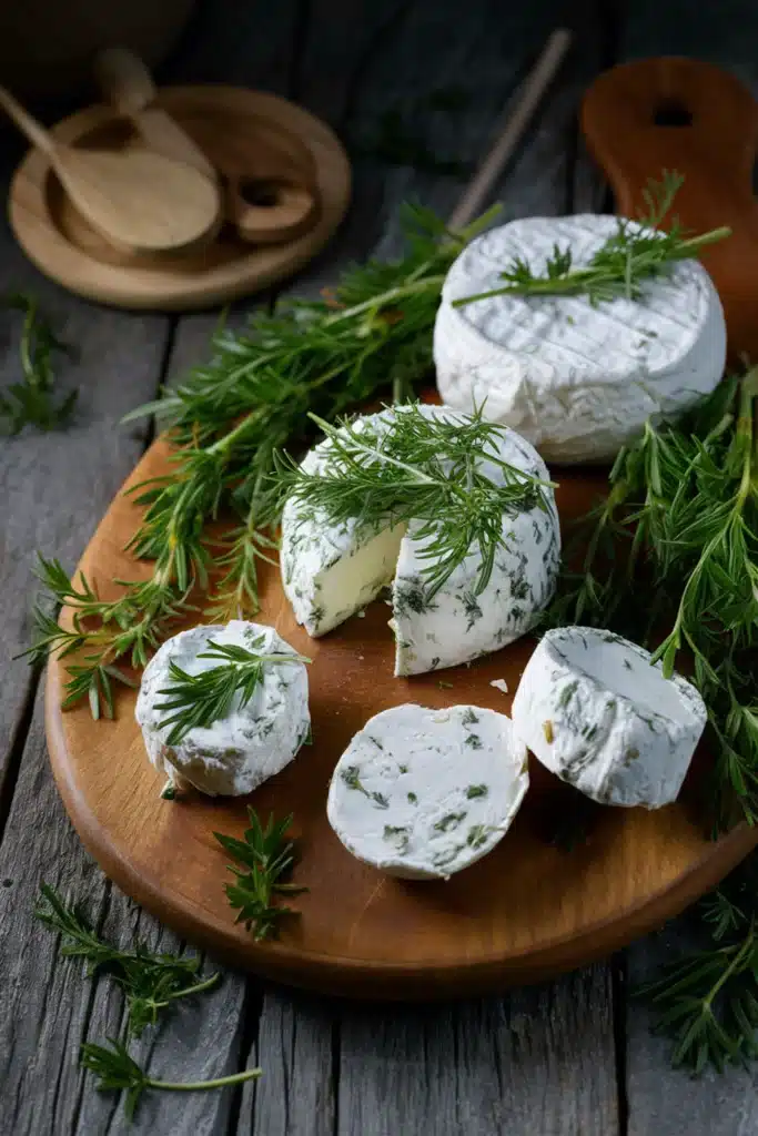 A French cheese board featuring herb-infused cheeses like Herbed Brie and Goat Cheese rolled in fresh herbs.