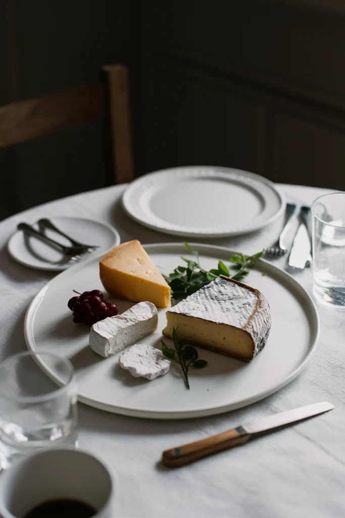 A minimalist French cheese plate with a few select high-quality French cheeses and minimal accompaniments.