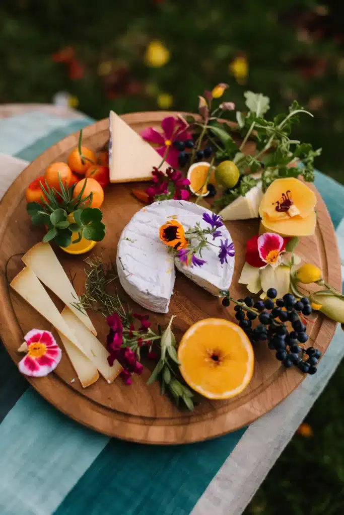 A French cheese board for an outdoor garden party with fresh, vibrant accompaniments like edible flowers, herbs, and fresh fruits.