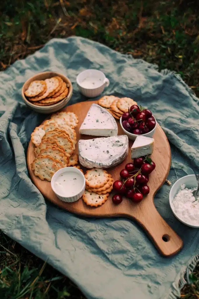 A picnic-ready French cheese board with easy-to-transport French cheeses, crackers, and portable accompaniments.