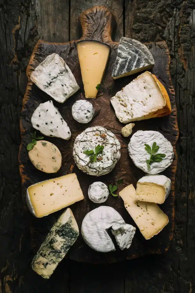 A French cheese board featuring cheeses from different regions of France with unique flavors and textures.