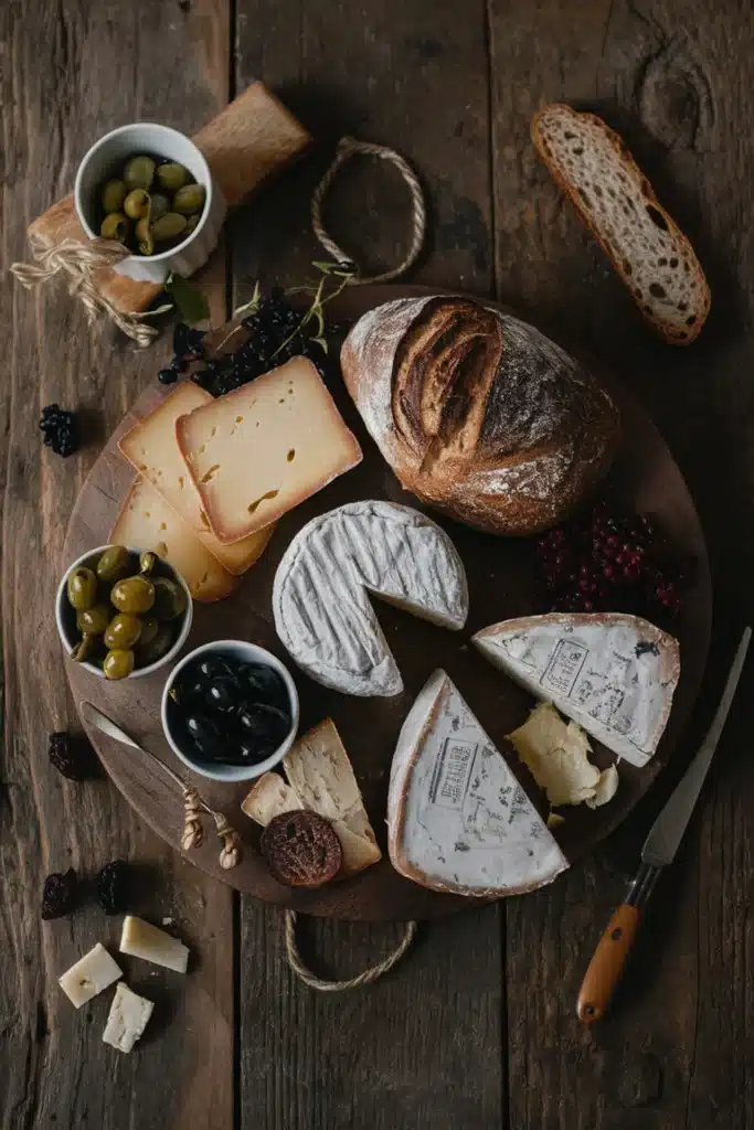 A rustic French cheese board with artisanal cheeses, rustic bread, olives, and dried fruits.