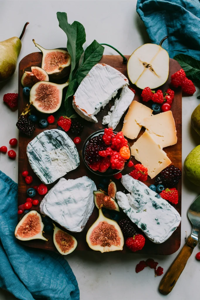 A seasonal French cheese board with a variety of French cheeses and fresh fruits like figs, berries, and pears.