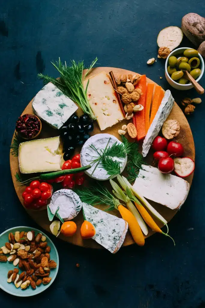 A vegetarian French cheese board with a variety of French cheeses, fresh vegetables, olives, and nuts.