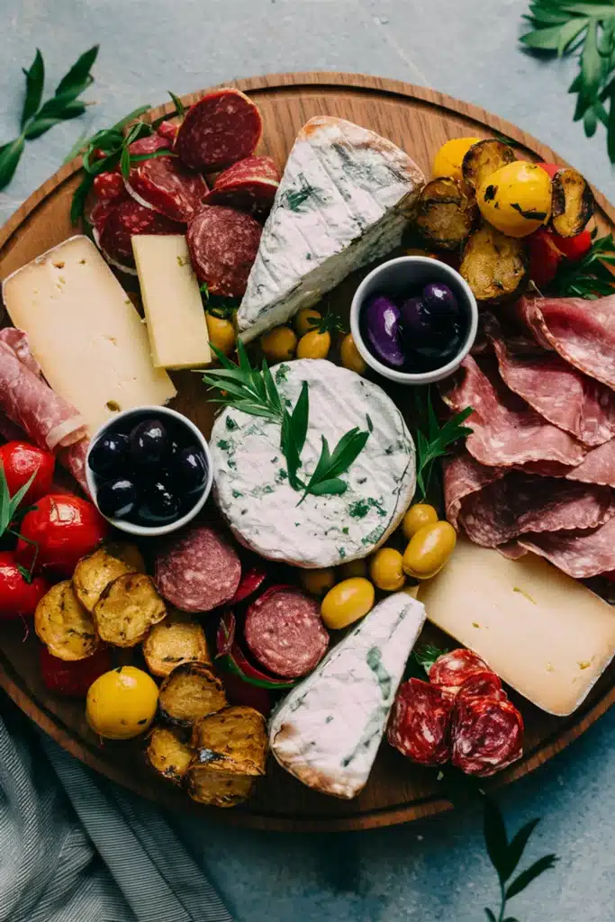 A vibrant antipasto platter with French cheeses, cured meats, olives, and roasted vegetables.