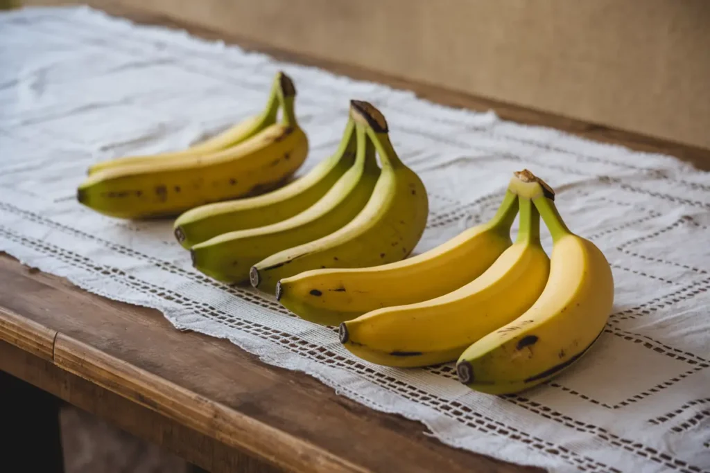 A set of three bunches of bananas in varying stages of ripeness arranged on a wooden table covered with a white lace cloth. The bananas range from green (unripe) to yellow (ripe).