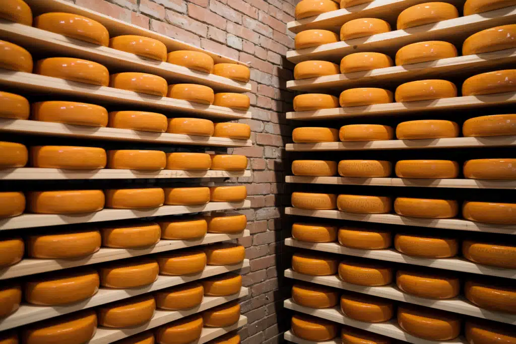 Wooden shelves stacked against a brick wall, each holding multiple round gouda cheeses with a glossy orange surface. The cheeses are uniformly arranged in rows, and the shelves are neatly organized, allowing for easy access. The brick wall provides a rustic backdrop, contrasting with the modernity of the wooden shelves.