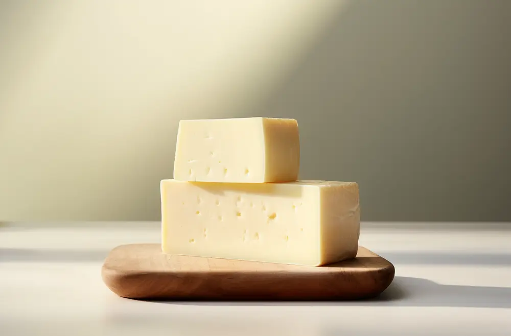 Blocks of creamy Havarti cheese stacked on a wooden board, softly lit by natural light, showcasing the smooth texture and mild holes characteristic of the cheese.