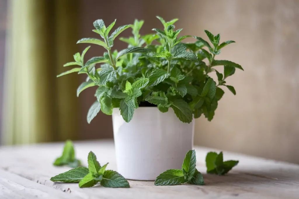 A vibrant green mint plant in a white pot, placed on a wooden surface. Several mint leaves are scattered around the pot.