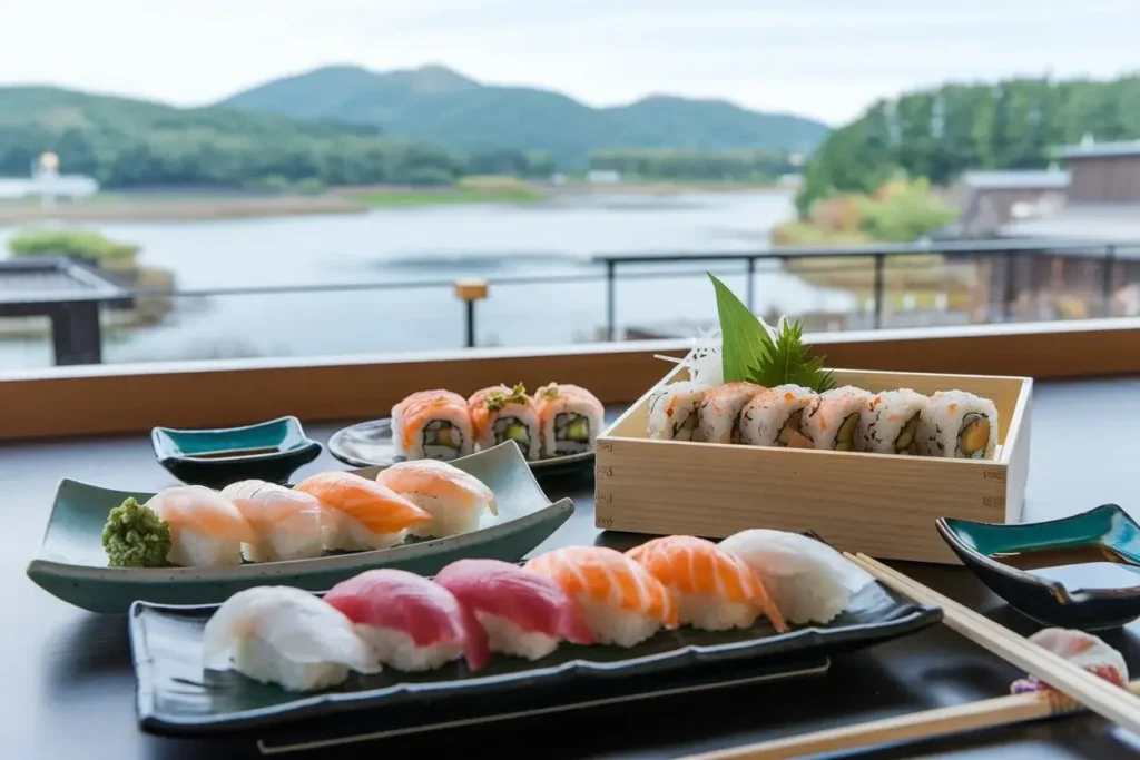 A variety of sushi, including nigiri and rolls, served on black and green ceramic plates with a scenic background of a lake and mountains visible through a large window. The sushi includes pieces with salmon, tuna, and other fresh ingredients.