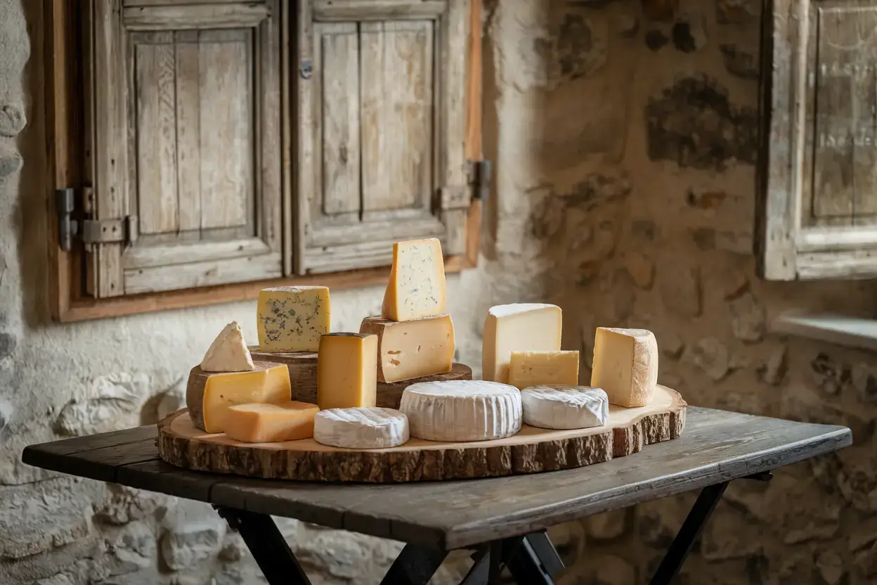 Assorted cheeses from Burgundy displayed on a wooden board in a rustic setting, featuring a variety of creamy and aged cheeses, with a backdrop of stone walls and wooden shutters.