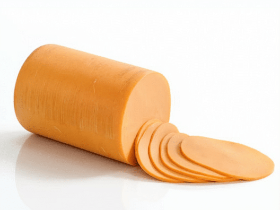 Longhorn Cheese that has been sliced into several thin, circular pieces. These slices are laid out next to the cylinder, with one of the slices prominently displayed in the foreground. The cheese has a vibrant orange hue, and the background is white, emphasizing the color and texture of the cheese.
