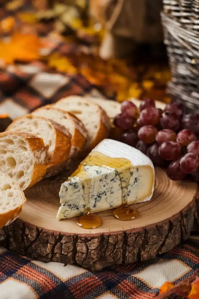 Blue cheese with honey drizzle and sliced baguette on a wooden board.