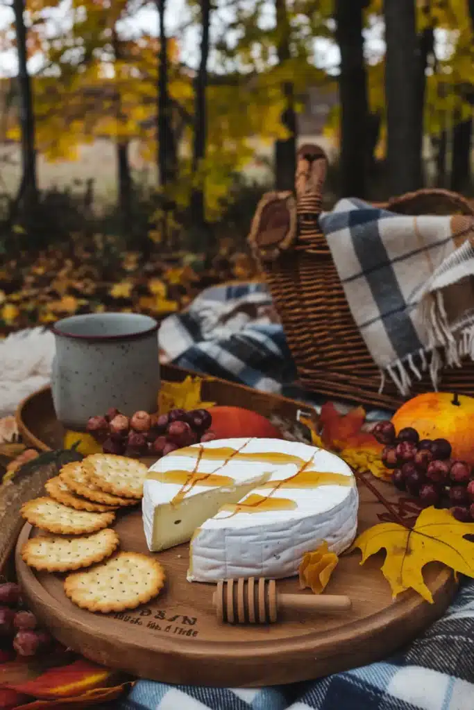 Triple cream brie with truffle honey and crackers on a wooden board.