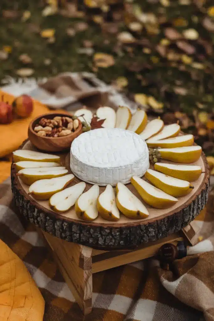 Camembert cheese with pear slices on a wooden board.