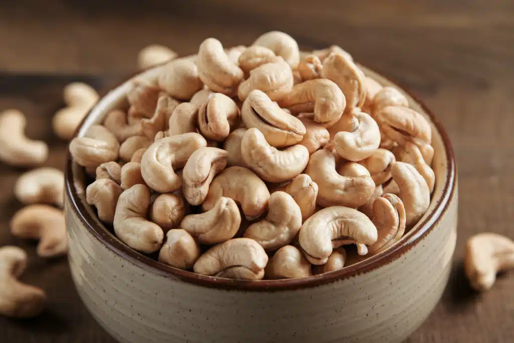 Bowl filled with raw cashews on a wooden surface, with a few cashews scattered around.