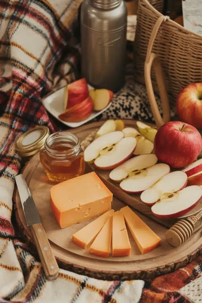 Cheddar cheese with sliced apples on a picnic blanket.