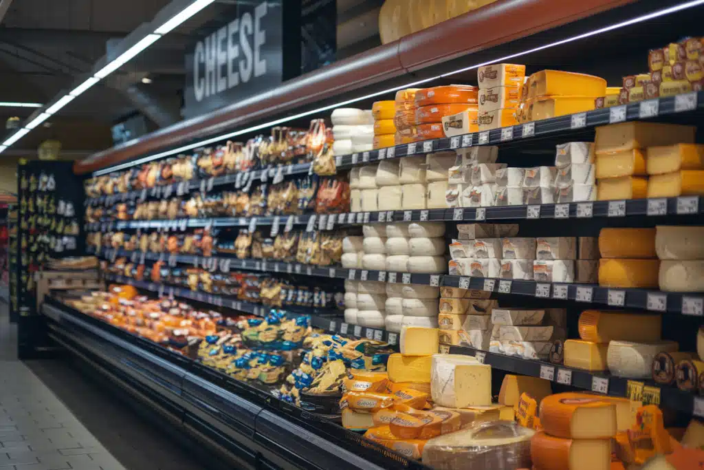 A supermarket cheese aisle stocked with various types of cheeses, including blocks, wheels, and packaged varieties on display.