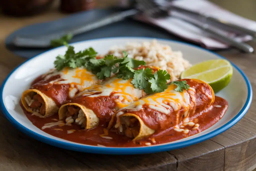 Three cheese-covered enchiladas topped with cilantro, served with a side of rice and a lime wedge on a white plate.