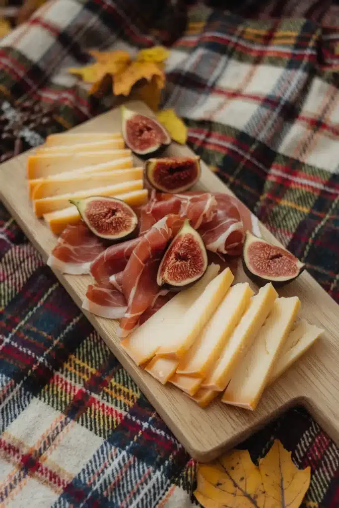 Fontina cheese with prosciutto and figs on a wooden board.
