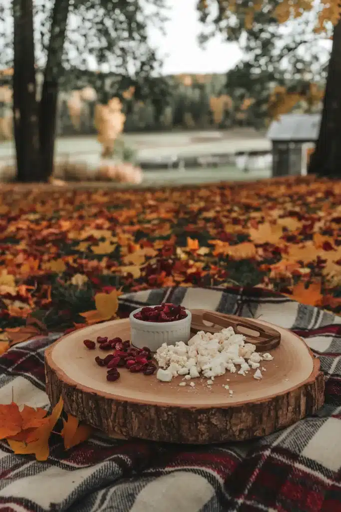 Goat cheese with dried cranberries on a wooden board.